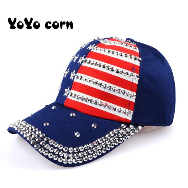 

ladies hat adjustable sun hats decoration men and women rhinestone sequins usa letter horn lace baseball caps snapback mesh cap, Black;white