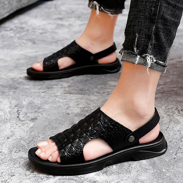 

sandals summer men shoes outdoor casual leather roman beach handmade gladiator breathable sneakers, Black