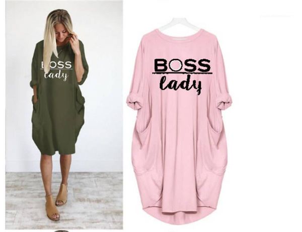 

summer dresses pullover letters printed ladies dresses autumn casual loose womens irregular apparel boss lady women, Black;gray