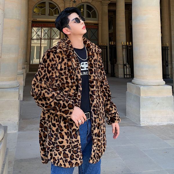 

men women winter coat vintage leopard faux fur loose long trench jacket male streetwear fashion outerwear lovers overcoat, Tan;black