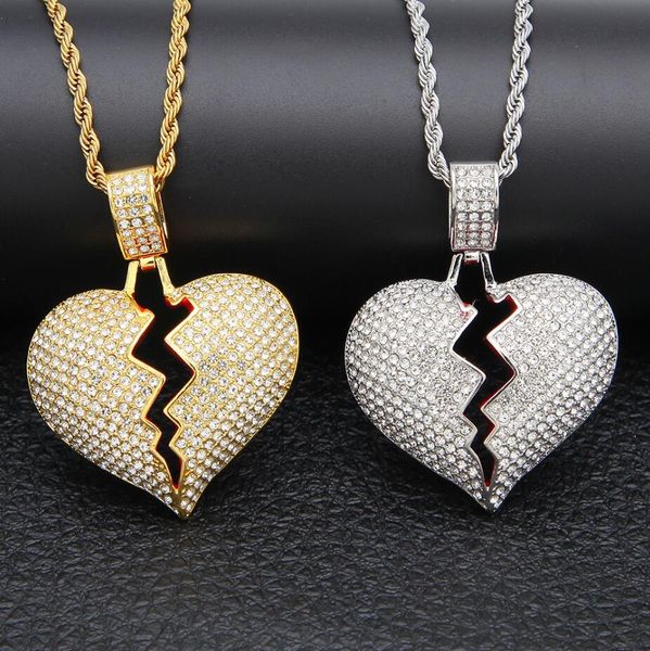 

hip hop мужского broken heart iced out bling ожерелье кристалл rhinestone любовь шарм золотой серебряный витой цепь для женщин ювелирных под, Silver