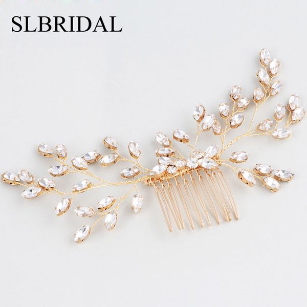 

slbridal gold handmade wired rhinestones pearls wedding hair comb bridal headpieces crystal hair accessories bridesmaids jewelry, Golden;white