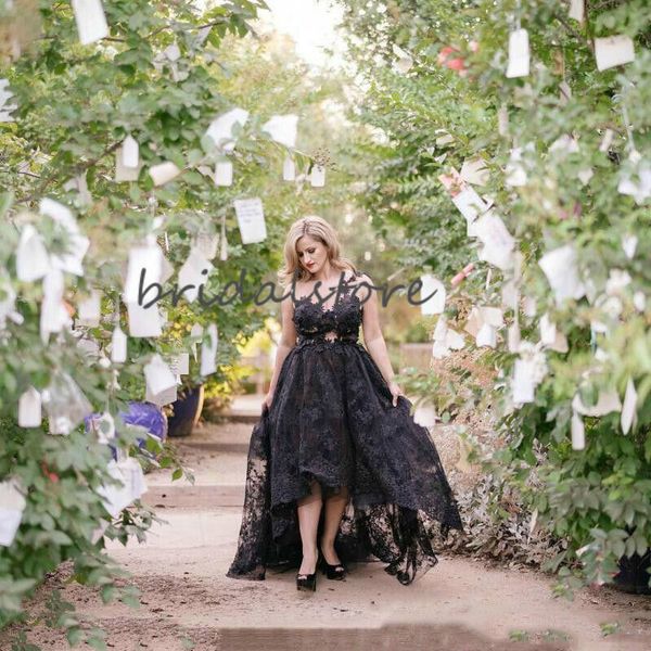 

black gothic wedding dresses high low lace boho country wedding gowns sheer neck sleeveless modest backless bohemian wedding dress 2020, White