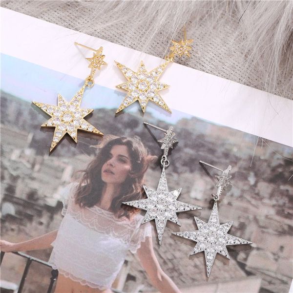 

charms temperament cubic zirconia cz star earrings for women female gold silver fashion party statement earring jewelry, Golden;silver