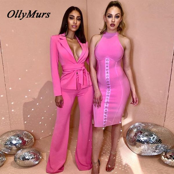 

ollymurs 2019 new summer bodycon v neck sashes fuchsia two pieces jackets women jacket vestidos chic celebrity party jacket, Black;brown