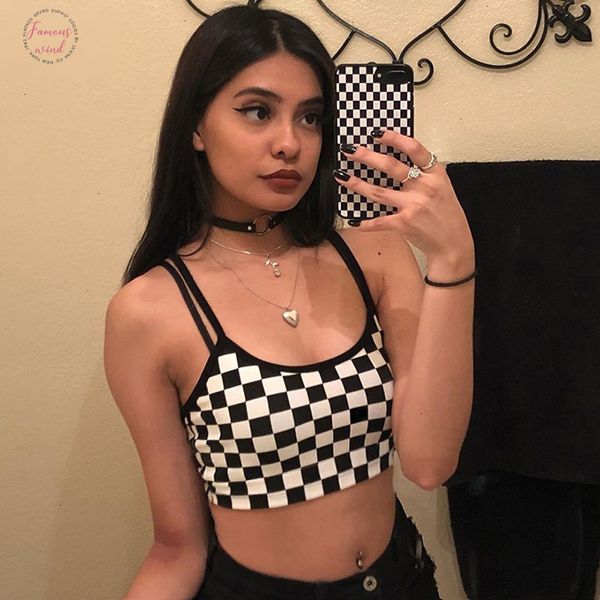

checkered cropped 2019 summer streetwear sleeveless checkerboard tank tees shirt strappy plaid camis streetwear, White