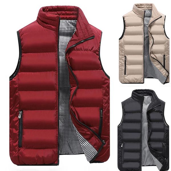 

2020 plus size men fashion winter sleeveless plaid lining short warm down waistcoat fashion for men thin light jackets, Black;white