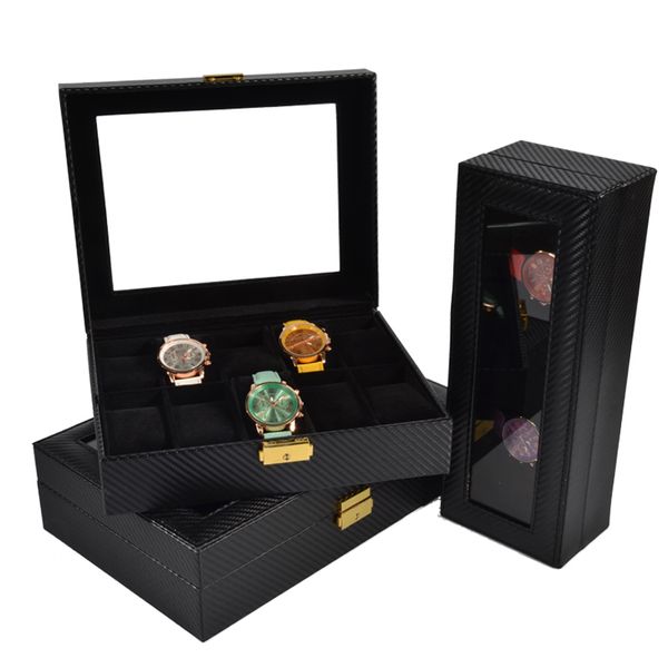 

luxury 6,10,12 grids handmade carbon fiber watch box watch case clock box time for organizer, Black;blue