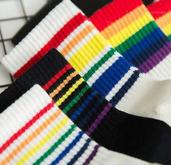 

спортивные носки chaussettes женщины женщин дизайнер midcalf длина повседневные цвета радуги опрятный стиль подросток девушки носки, Black;white