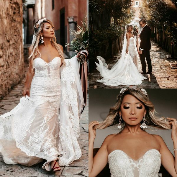 

plus size mermaid wedding dresses sweep train lace appliques sweetheart country wedding dress custom made vestidos de novia, White