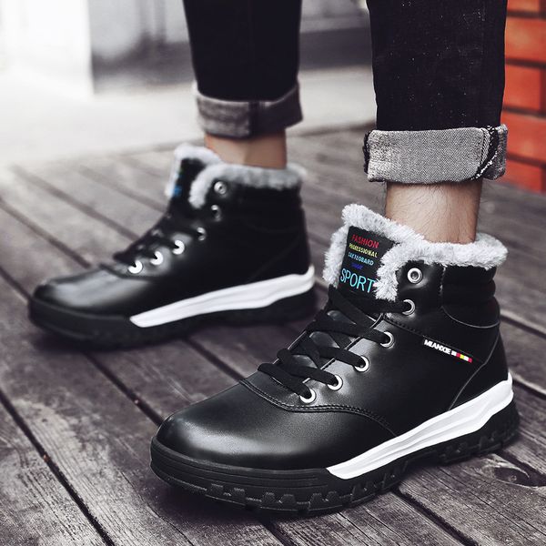 

winter men snow boots waterproof man boots man fur thick plush warm snow shoes for male ankle booties size, Black