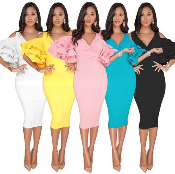 

Solid Flounced Sleeves Cold Shoulder V Neck Elegant Sexy Party Evening Midi Dress Bodycon Dresses