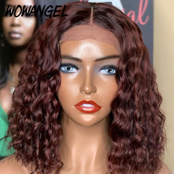 

wowangle 4x4 burgundy color short curly lace front human hair wigs with baby hair pre plucked remy brazilian bleached knots wigs, Black;brown