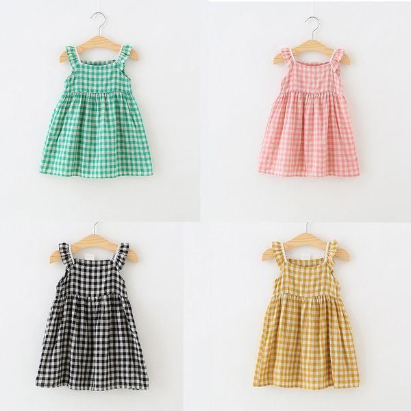 

baby girl dresses summer children korean cotton sling flying sleeve plaid dress kids designer clothes girls pleated princess prom dresses, Red;yellow