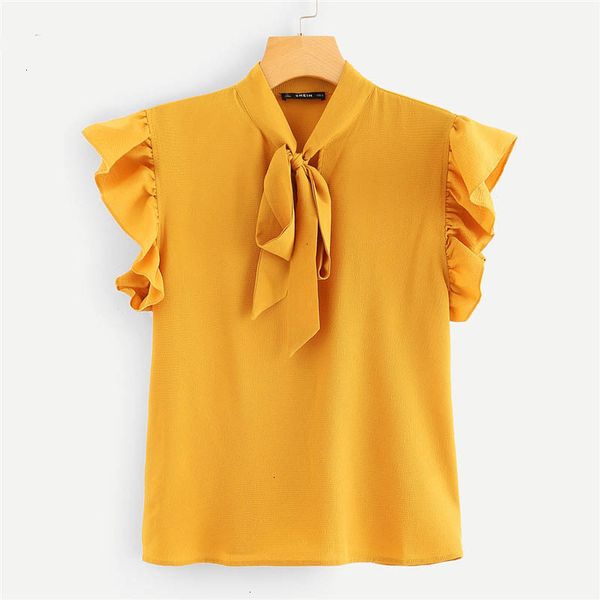 

woman women blouses mustard elegant office lady flounce shoulder tied neck floral solid ruffle blouse summer women and blouses, White