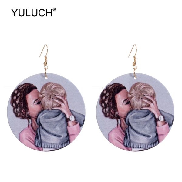 

yuluch 2019 fashion round wood mom love painted printing drop earrings ethnic african long statement jewelry earrings for party, Silver