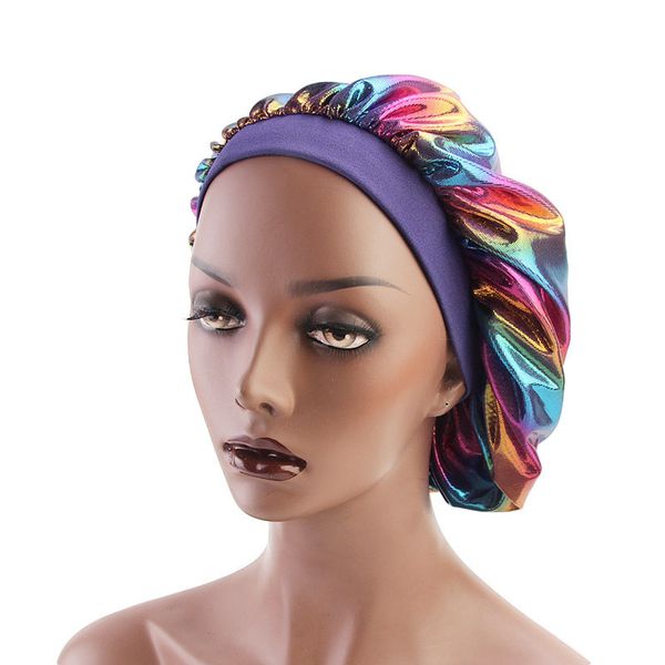 

colorful women laser silky du-rag hair cover accessories wave caps rags wide band bonnet salon hat turban durag doo rag headwrap