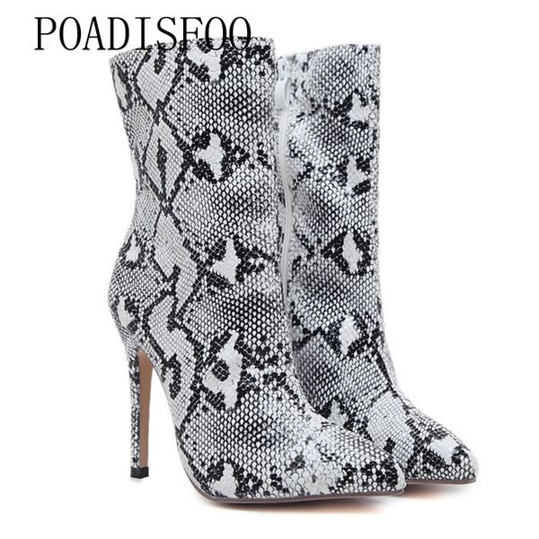 

poadisfoo high-heeled boots 2019 autumn single-single knight boots fine with snake pattern pointed female df-333-8, Black