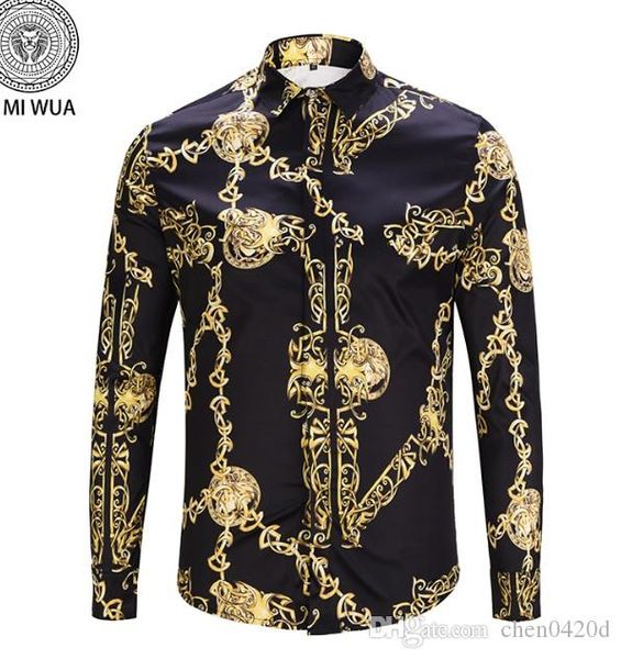 

2018 fall winter collection medusa business casual men's long sleeve shirt lapel flower wave button stripe graffiti fashion style c142, White;black