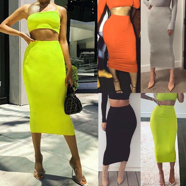 

skirts womens fashion high waisted plain color jersey ladies bodycon tube stretch pencil midi, Black