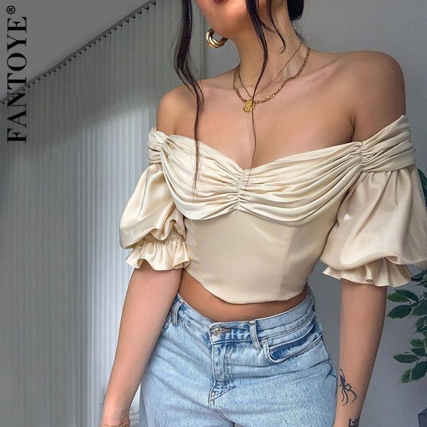 

fantoye off-shoulder satin french crop women camis ruched collar puff sleeve cropped shirts official women cloth mujer short, White