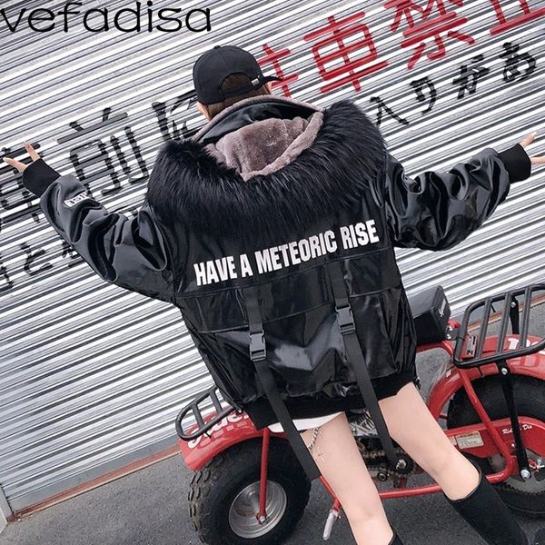 

women's down & parkas vefadisa solid black hooded women inner flannel letter print large fake fur collar coat with strap on back zld627
