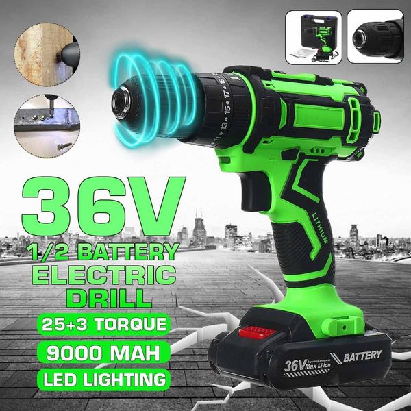 

36v cordless electric screwdriver drill 25+3 torque li-ion battery led working light diy home hand flat drill power tools