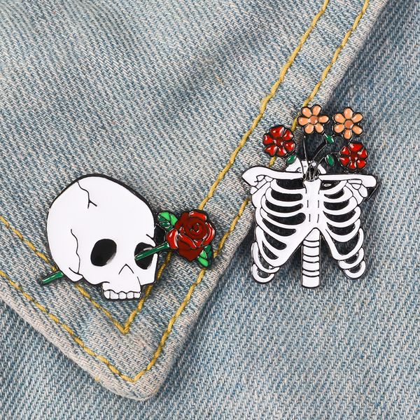 

skeleton with flowers enamel pins rib cage and skull with flowers brooch halloween pin badge goth punk jewelry gift for friends, Gray
