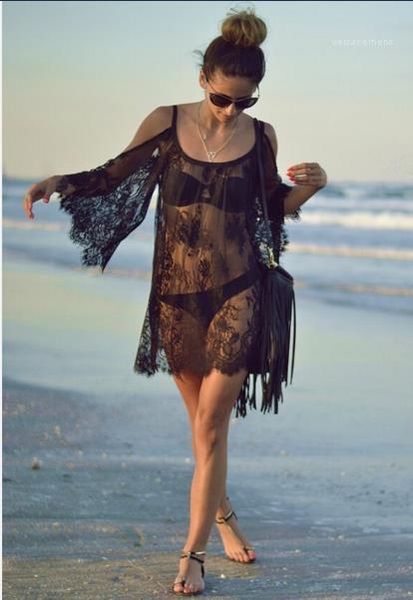 

dresses strapless loose flare sleeved scoop neck thin pullover dresses fashion women casual dresses sheer lace women, Black;gray