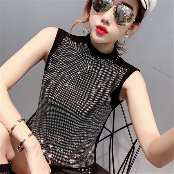 

heavy industry foreign t-shirt vest style diamond stand collar t-shirt female inlaid sleeveless vest nightclub puling, White