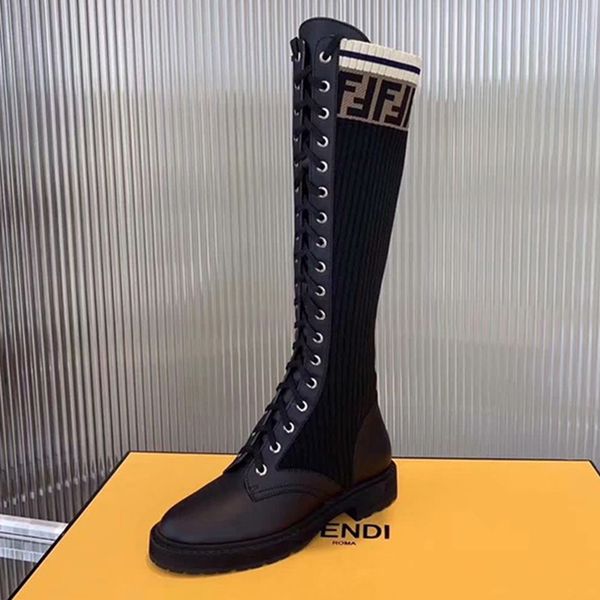 

2020 new autumn and winter leather stitching high boots women's straps wild socks boots fashionable flat knit elastic boots, Black