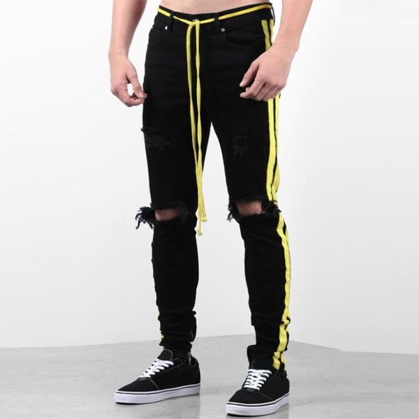 

mens jeans pant casual trousers skinny denim jeans cotton straight hole stretch side striped pencil pants fit streetwear 8.14, Blue