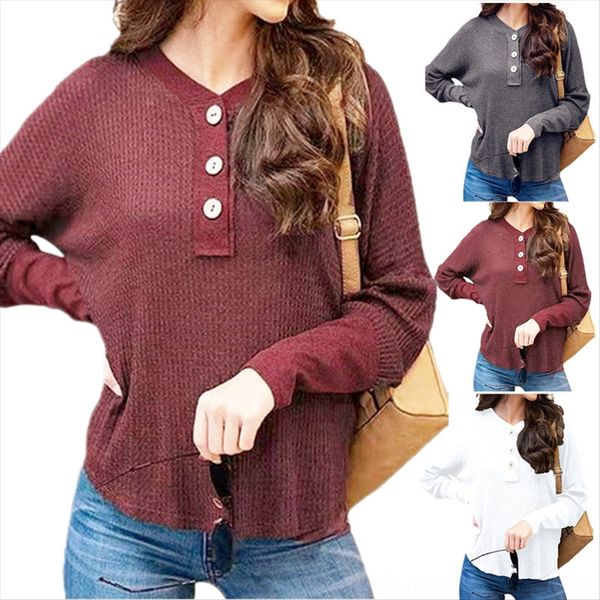 

2019 buttons women's waffoo long sleeve v-neck loose button 2019 t-shirt buttons women's waffoo long sleeve v-neck loose button t, White