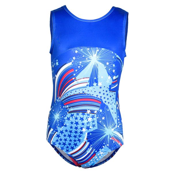 

children girls gymnastics ballet dance training royalblue star stripe pattern leotards sleeveless dancewear, Blue