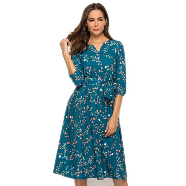 

Spring Summer Casual Dress Women V Neck 3 /4 Sleeve A Line Mid -Calf Print Dress Female Elegant Waist Party Vestidos