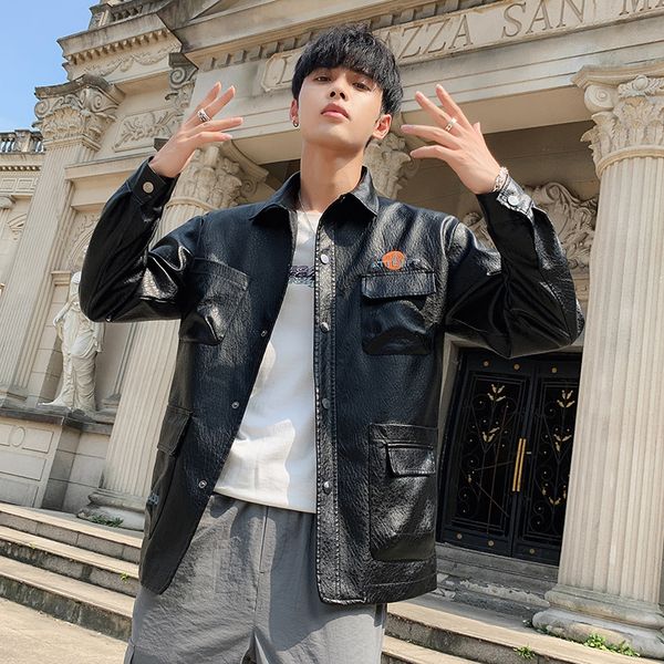 

мода мужская pu куртки шляпа съемный письмо печати карманы кожа pu пальто отложным воротником свободные повседневные топ куртка пальто, Black;brown