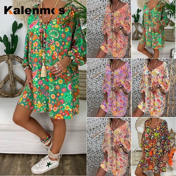 

kalenmos bohemian beach summer dress women printed long sleeve v-neck loose maxi dresses vacation daily office lady vestidos, Black;gray