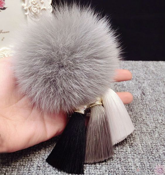 

fashion fur pompom silk tassel car key chain fluffy real fur pom pom keychain for keys women bag charm pendant accessories, Silver