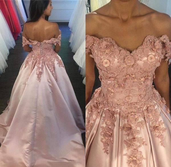 

Off Shoulder Blush Pink Prom Dress elegant Sweetheart Lace Appliques 3D flowers long evening party dress party gown robe de soiree
