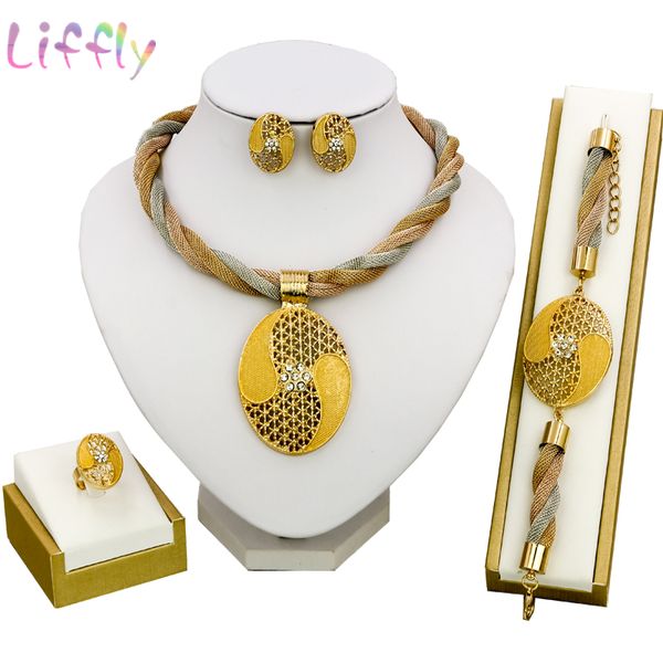 

liffly dubai jewelry sets fashion crystal necklace earrings ring bracelet dubai gold jewelry sets fashion wedding, Silver