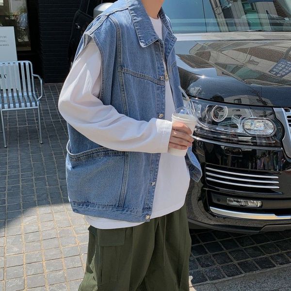 

korean blue denim vest men's fashion retro casual large pocket denim vest men streetwear wild loose tooling mens m-2xl, Black;white