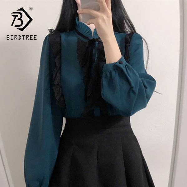 

женщины элегантный сплайс кружева лук фонарь рукав рубашки леди раффлед воротник стойка блузка топы 2020 весна новый t01412m, White