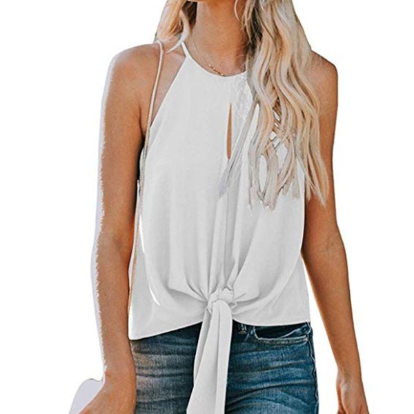 

women's front tie knot casual shirt summer sleeveless crew neck tank camis keyhole front vest, White