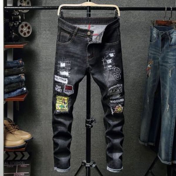 

new jeans men's designer jeans slim embroidered fashion brand broken hole beggars' little feet youth pants, Blue