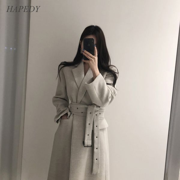 

2019 new high qulity woman coats winter wool long coat with belt office lady fashion light luxury lace up coats outerwear, Black