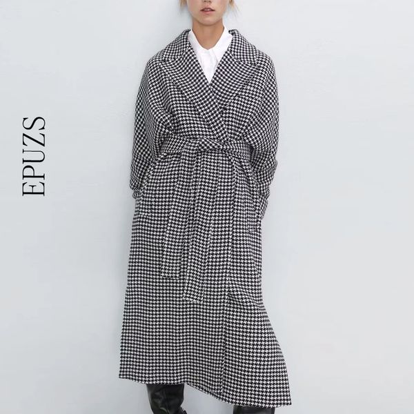 

winter tie belt waist wool coats women fashion houndstooth jackets women elegant pockets buttons coats 2019, Tan;black