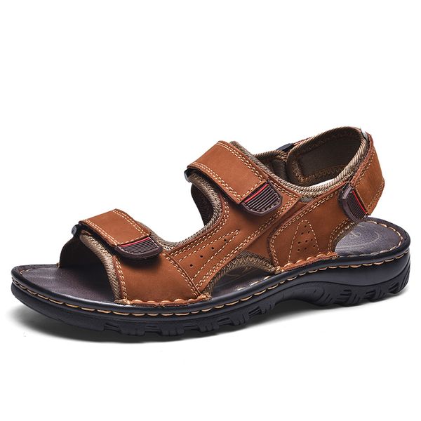 

big size men sandals quality genuine leather male outdoor beach slippers soft comfortable rubber sole men's beach sandals, Black
