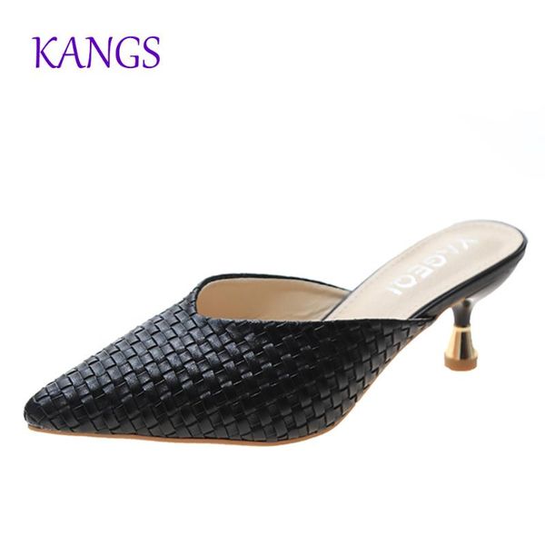 

2020 summer new elegant women beige black pointed toe slipper mules mid heel outsides beach slides shoes a223
