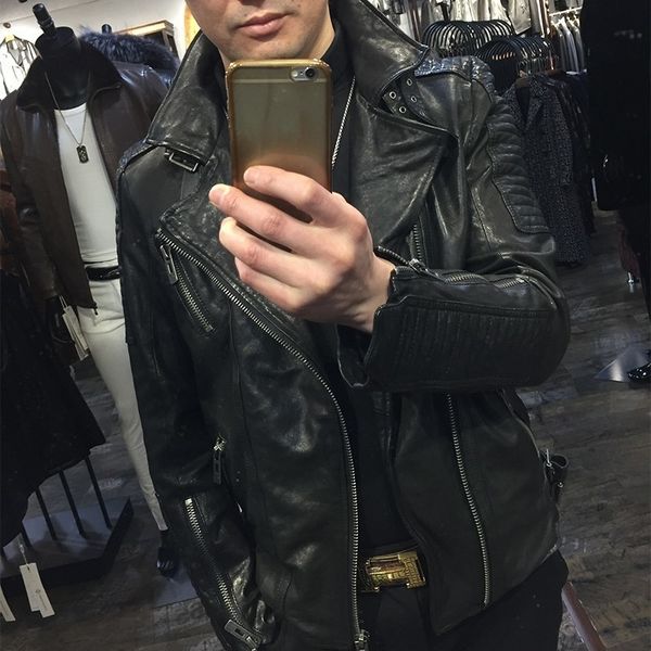

men vintage sheepskin genuine leather fashion motorcycle jackets real leather coats 2020 autumn plus size outerwear, Black