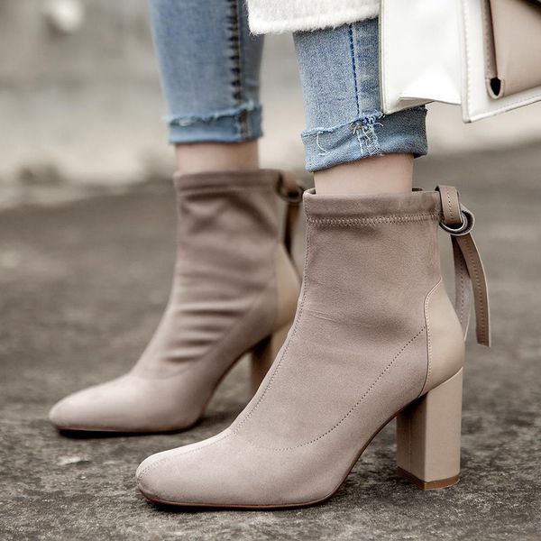 

sarairis brand design sale kid suede chunky high heels ankle boots woman shoes slip on shoes women boots, Black